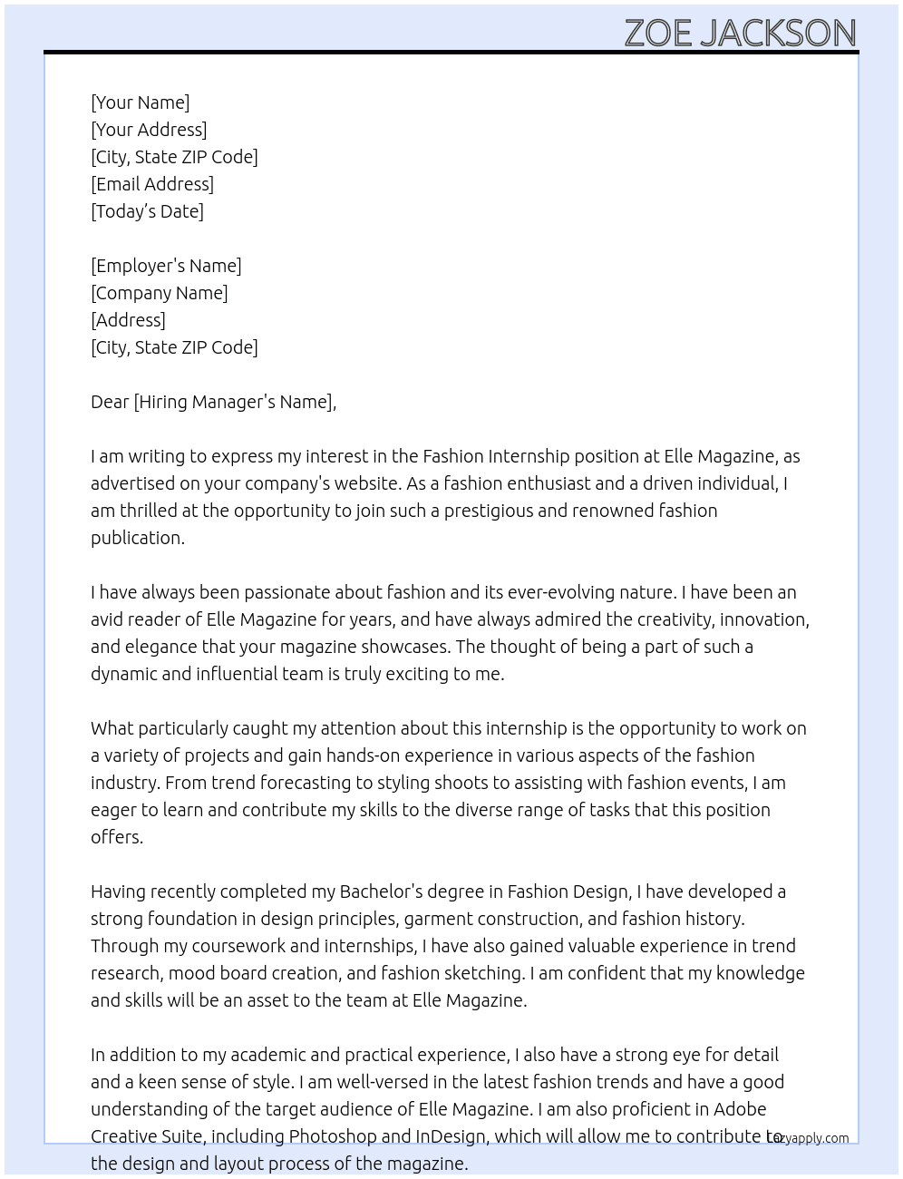 Fashion Internship At elle magazine Cover Letter