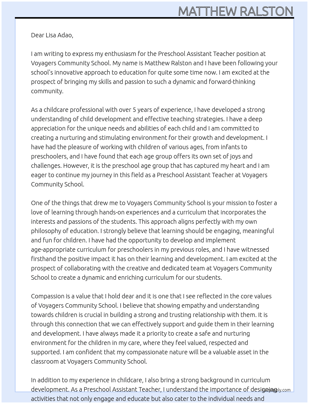 Preschool Assistant Teacher At Voyagers Community School Cover Letter