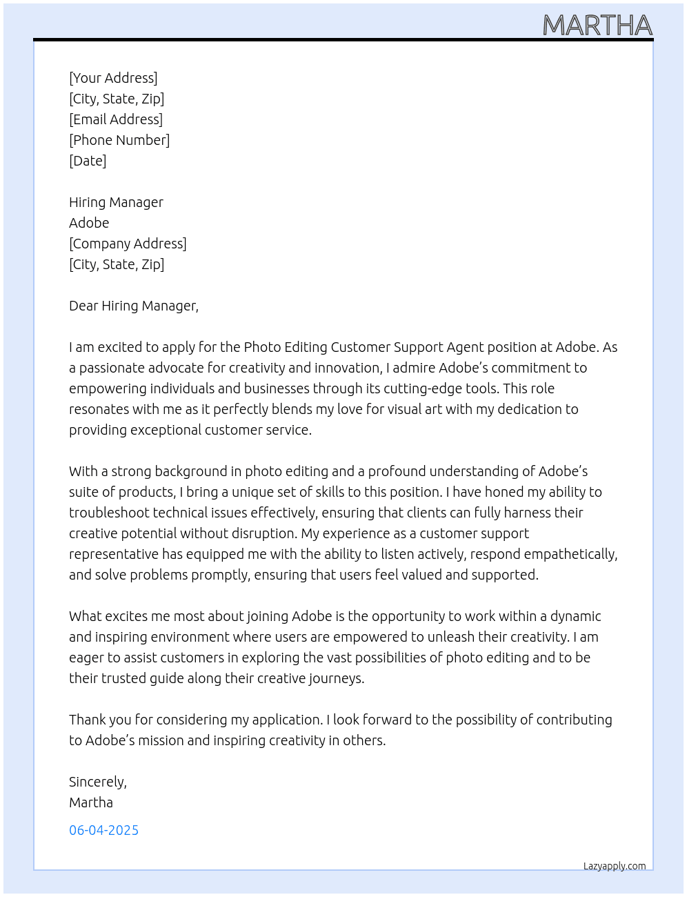 Cover letter for photo editing customer support agent - LazyApply