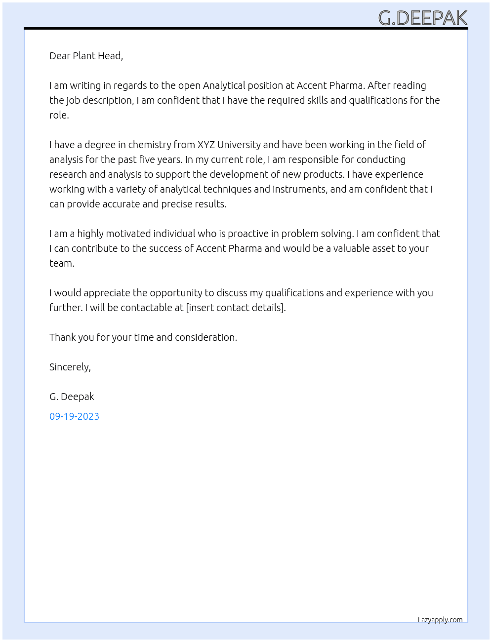 Analytical At Accent Pharma Cover Letter