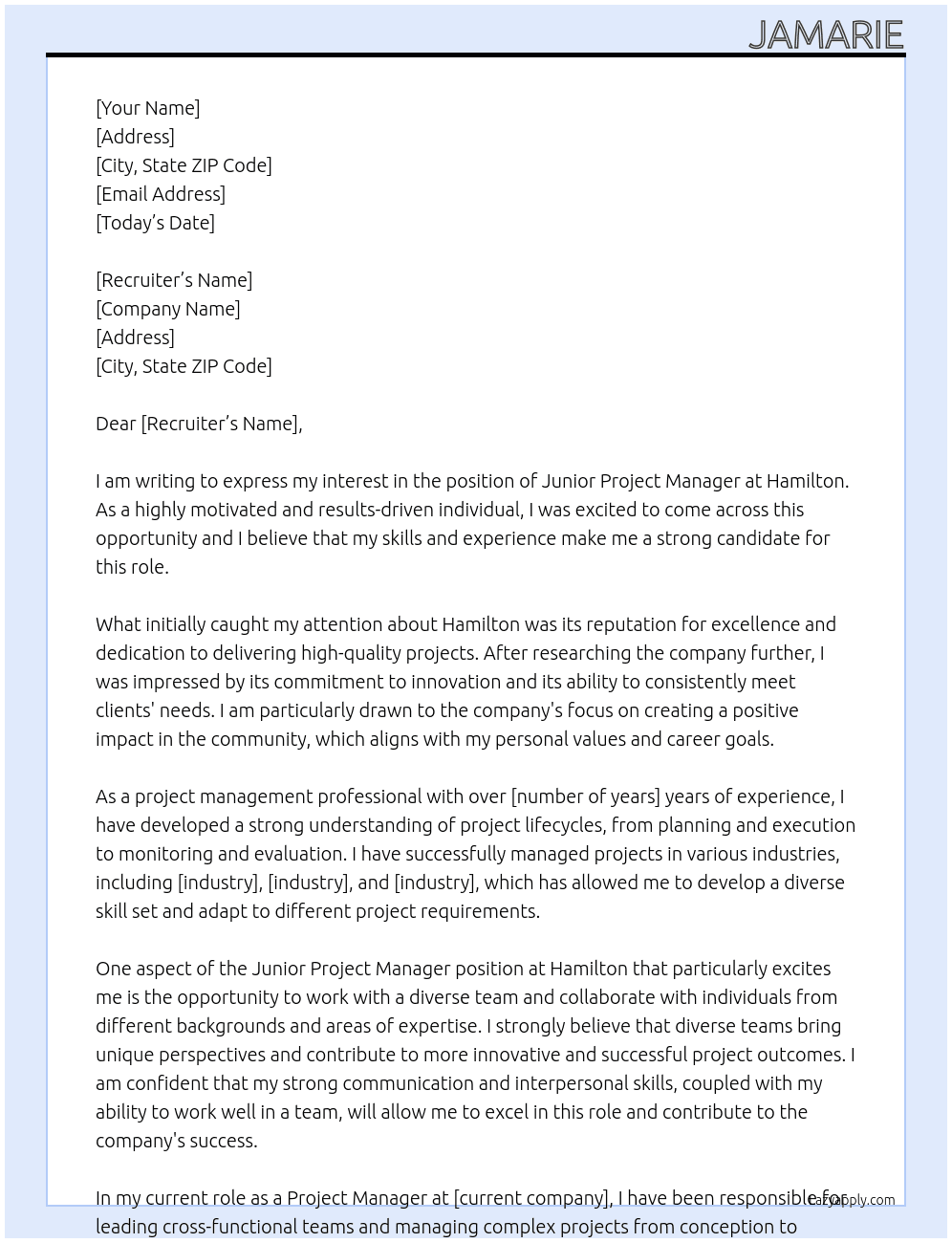 Junior Project Manager At Hamilton Cover Letter