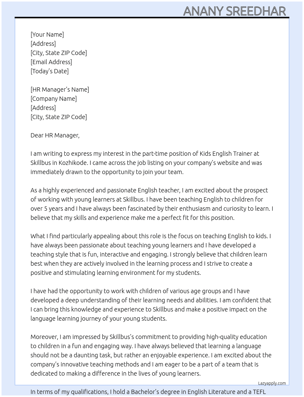 Kids English trainer  At Skillbus Cover Letter