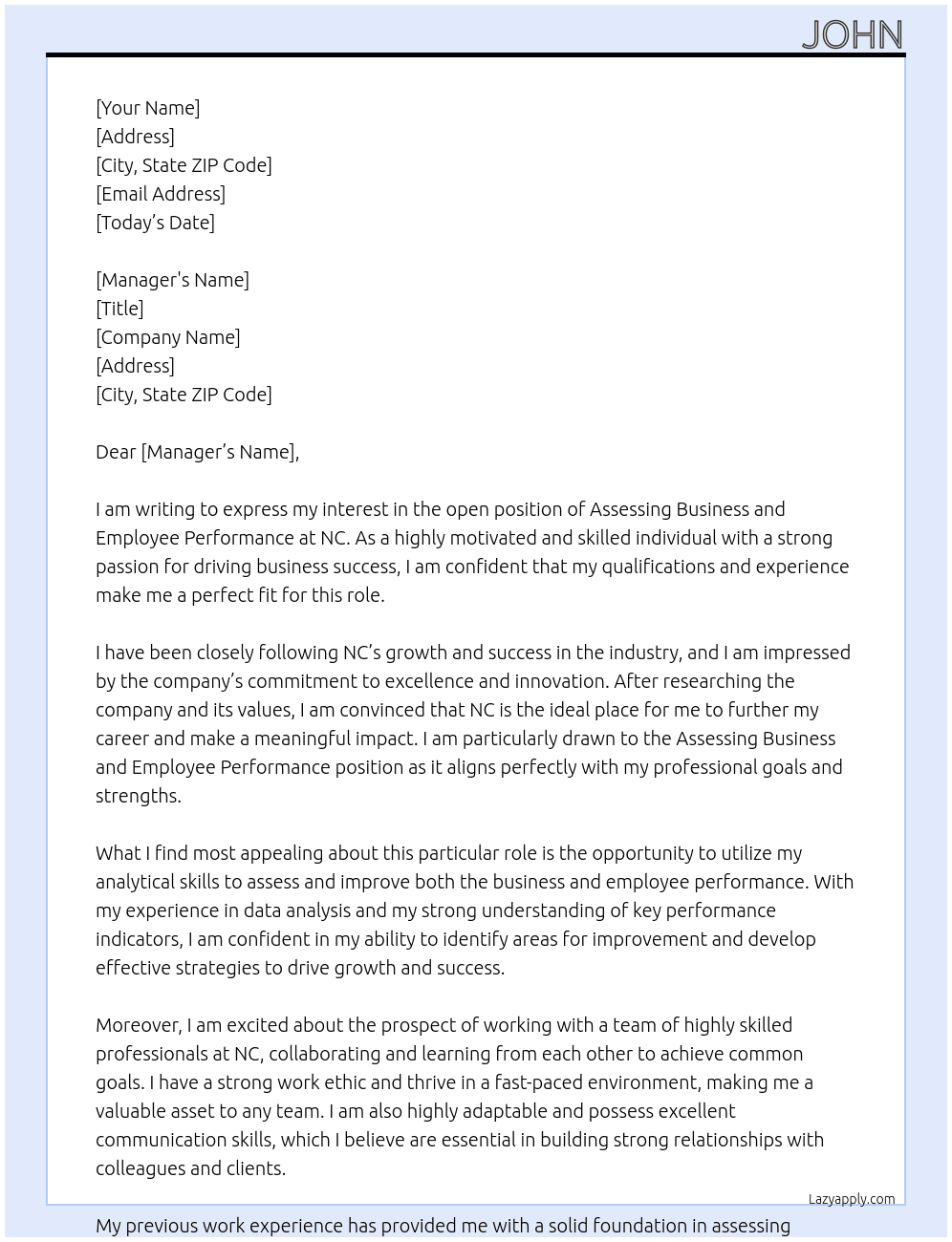 Assessing business and employee performance At NC Cover Letter