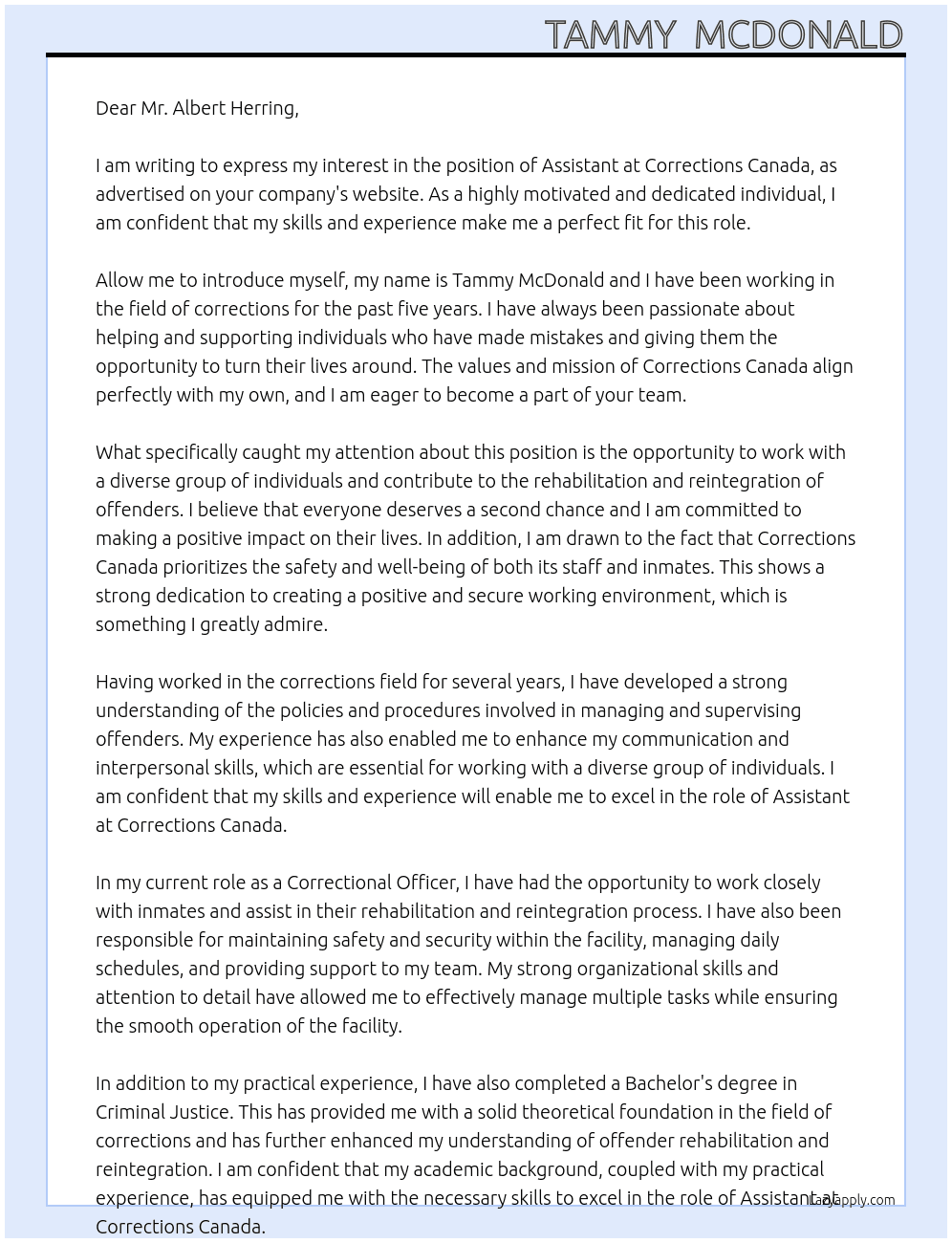 assistant At corrections canada Cover Letter