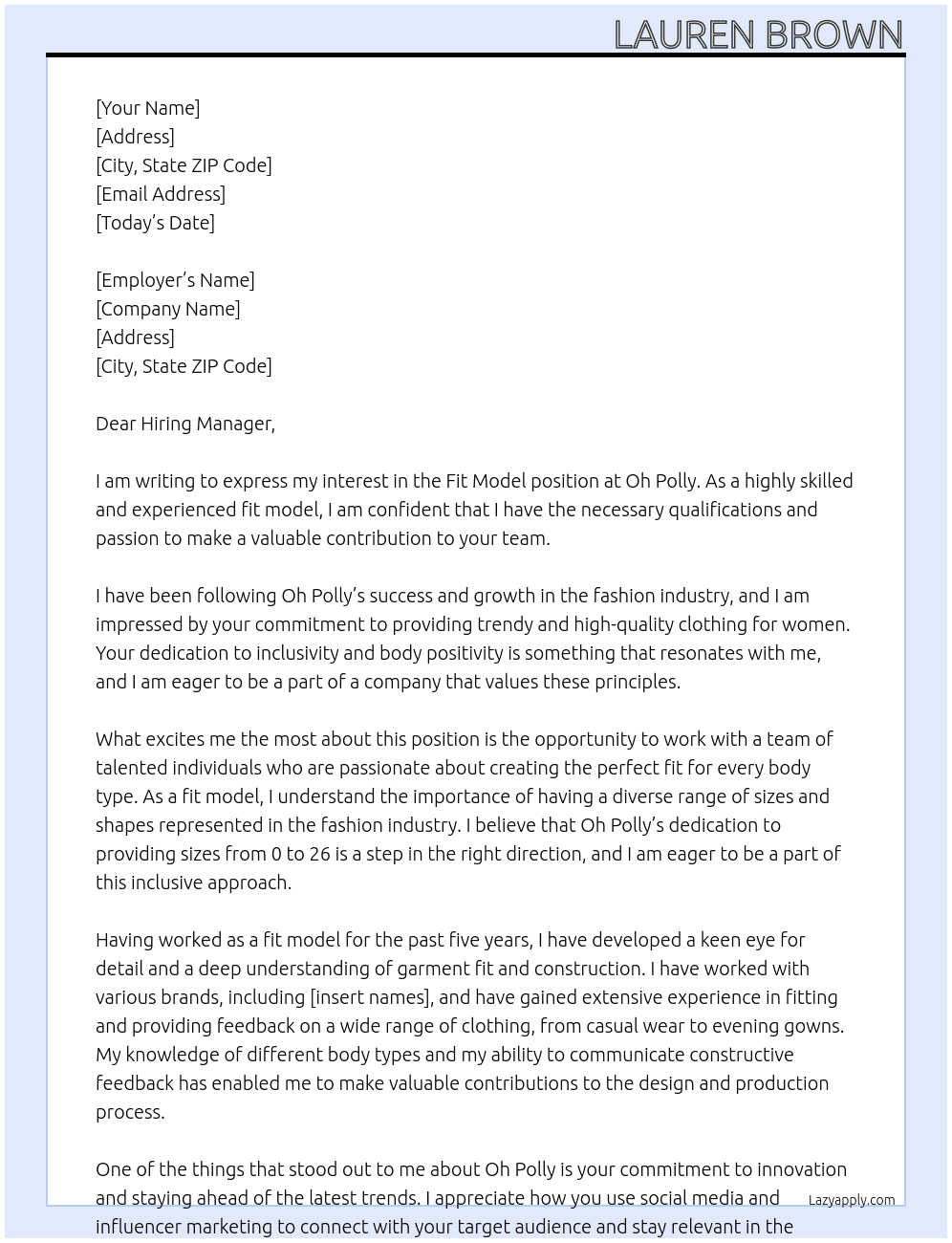 Fit model  At Oh Polly Cover Letter