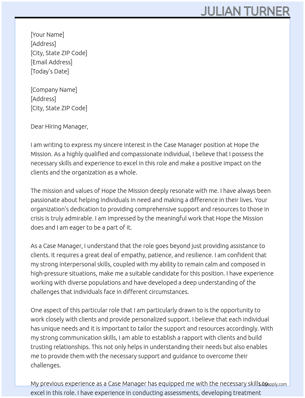 Case manager At Hope the Mission Cover Letter
