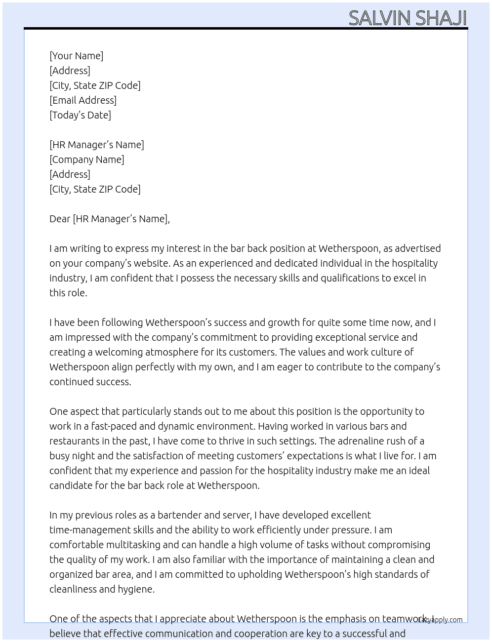 bar back At wetherspoon Cover Letter