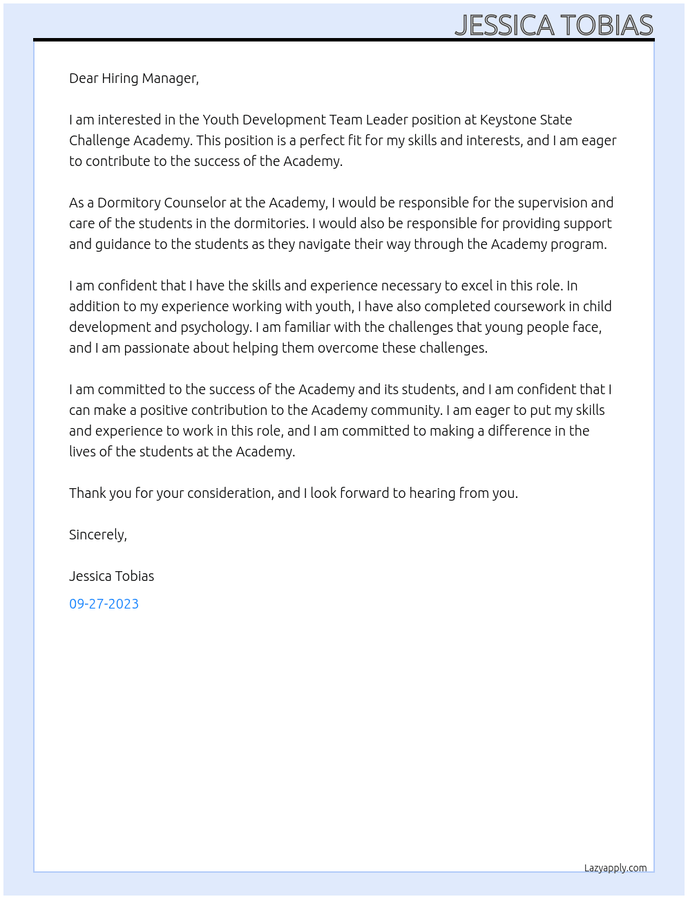 Youth Development Team Leader  At Keystone State  Challenge Academy Cover Letter