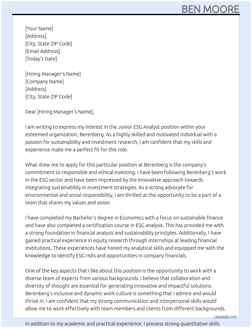 Junior ESG Analyst - Equity Research At Berenberg Cover Letter