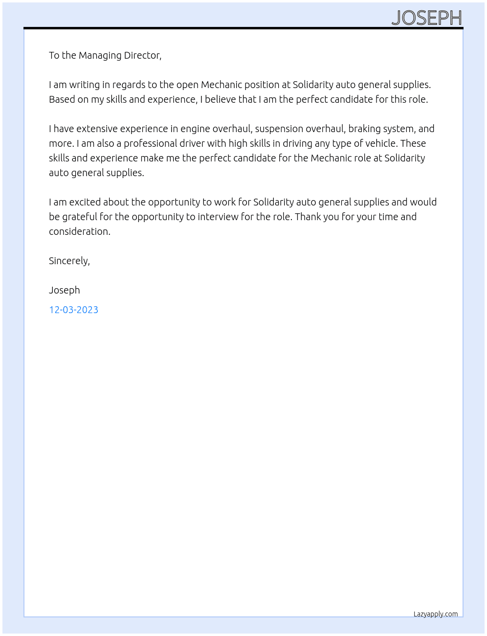 Mechanc At Solidarity auto general supplies Cover Letter