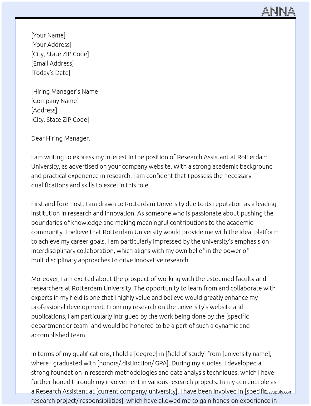 Research Assistant  At Rotterdam University  Cover Letter