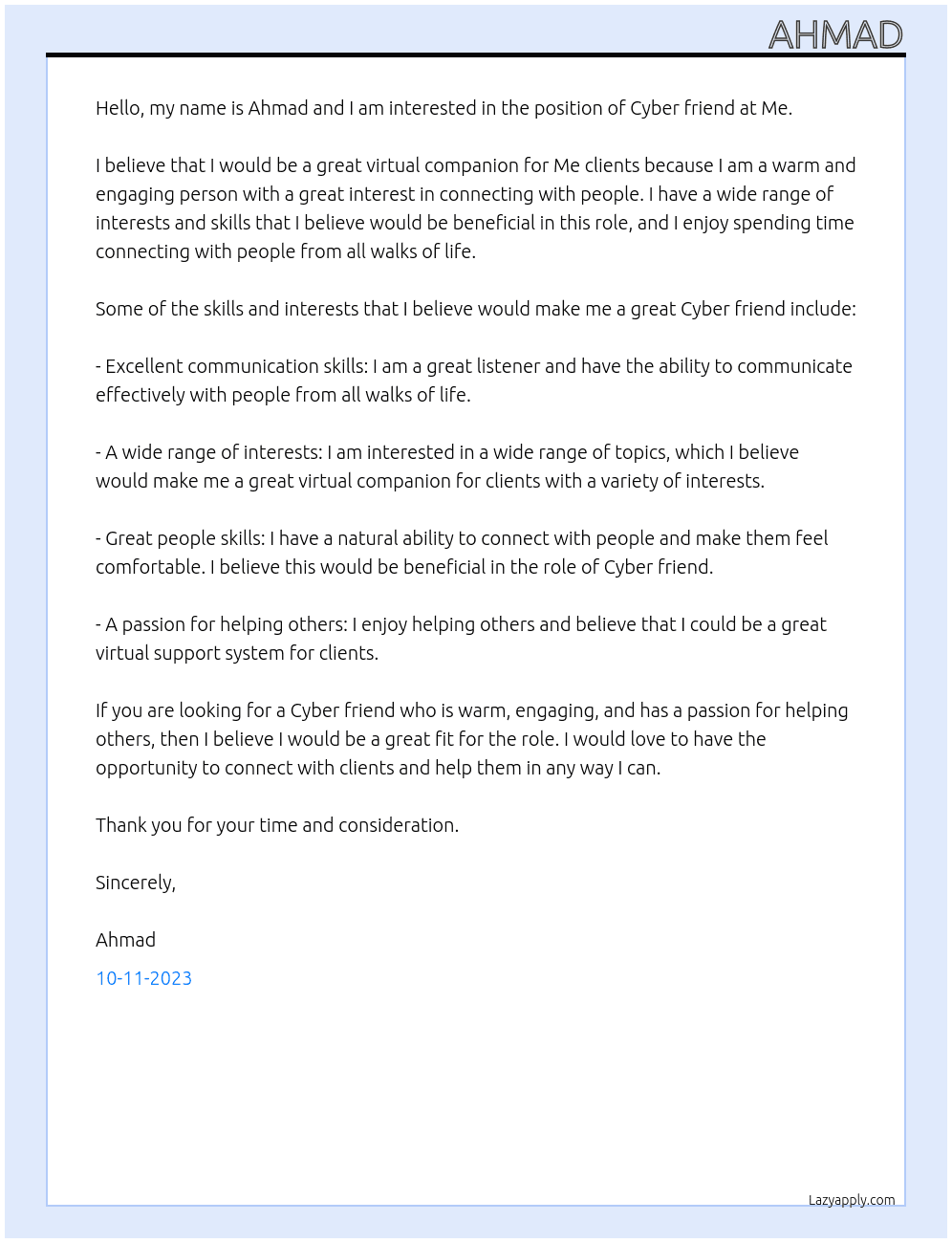 Cyber friend At Me Cover Letter