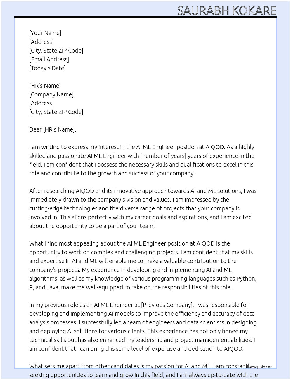 AI ML Engineer At AIQOD Cover Letter