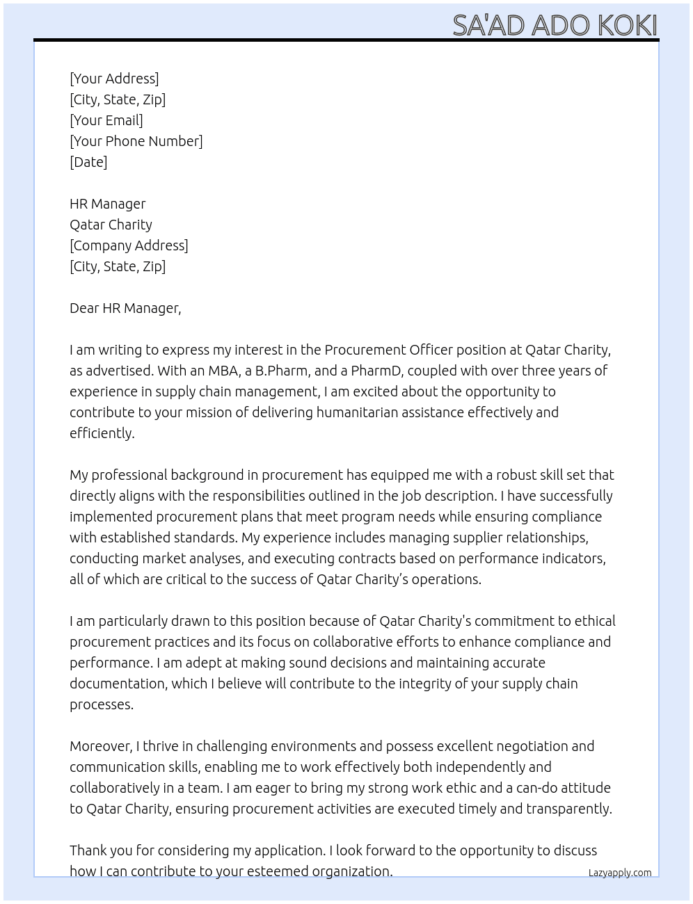 Procurement Officer At Qatar Charity Cover Letter