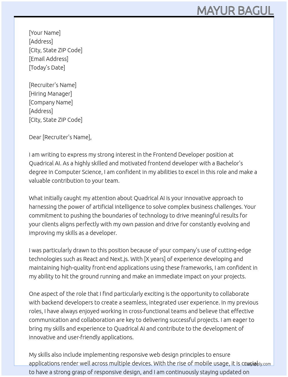  Frontend Developer At Quadrical AI Cover Letter