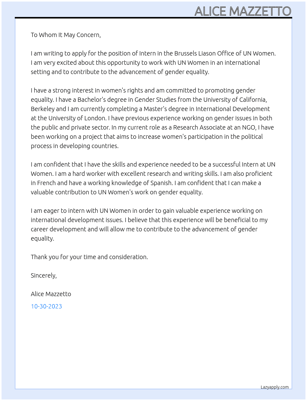 Intern Brussels Liason Office At UN Women  Cover Letter
