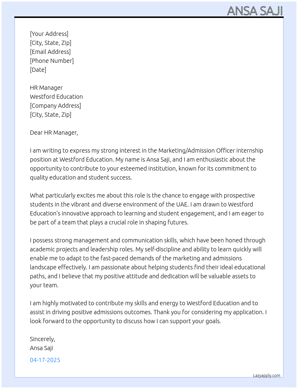 Marketing/Admission Officer  At Westford Education  Cover Letter
