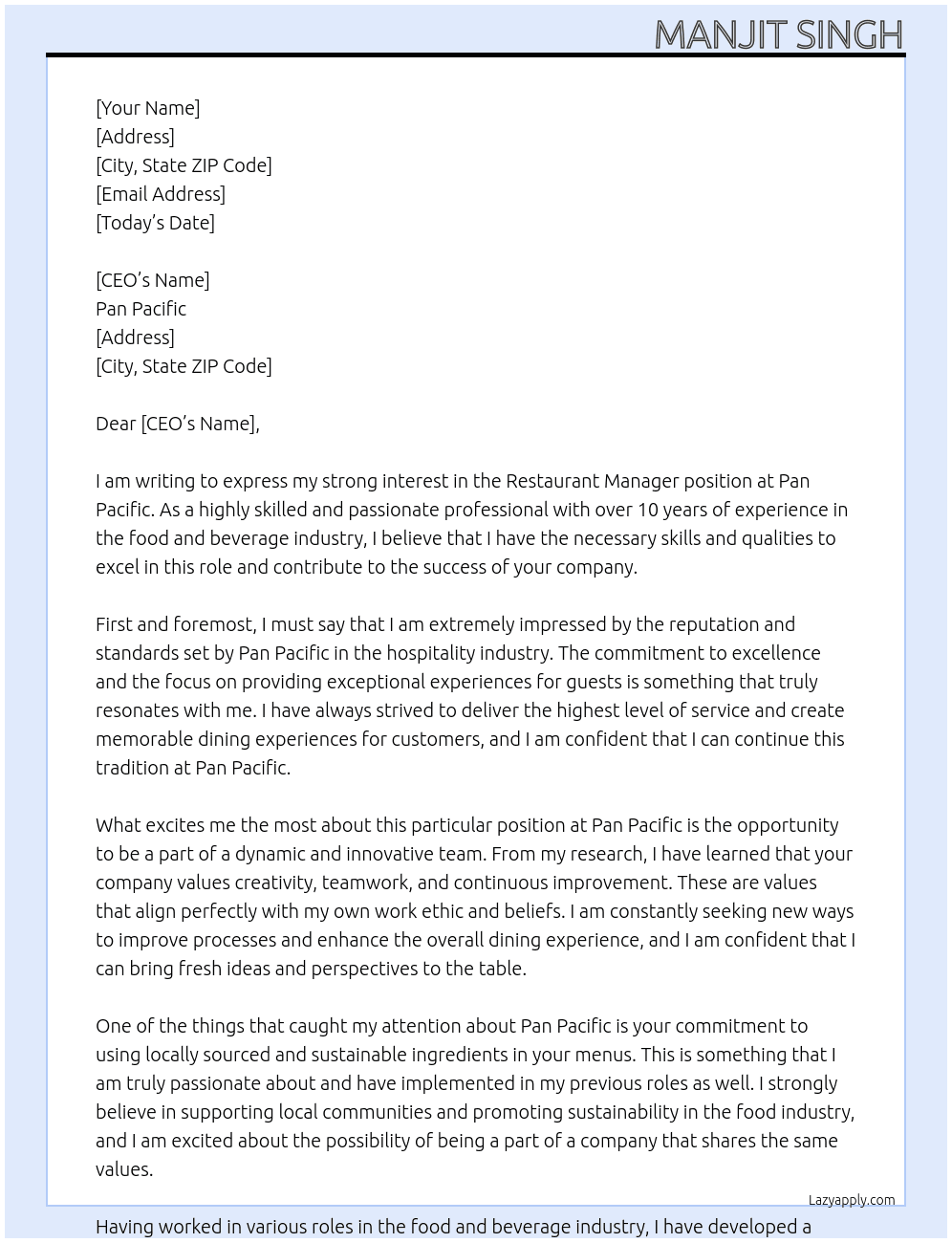Restaurant manager  At Pan Pacific  Cover Letter