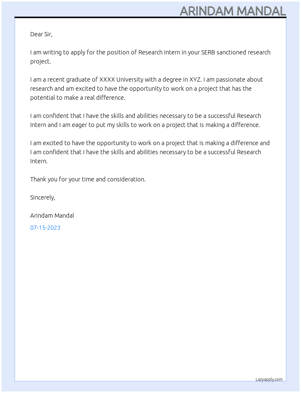 Research Intern At SERB sanctioned research project Cover Letter