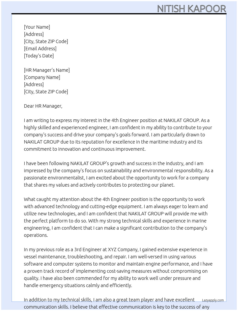 4th Engineer At NAKILAT GROUP Cover Letter