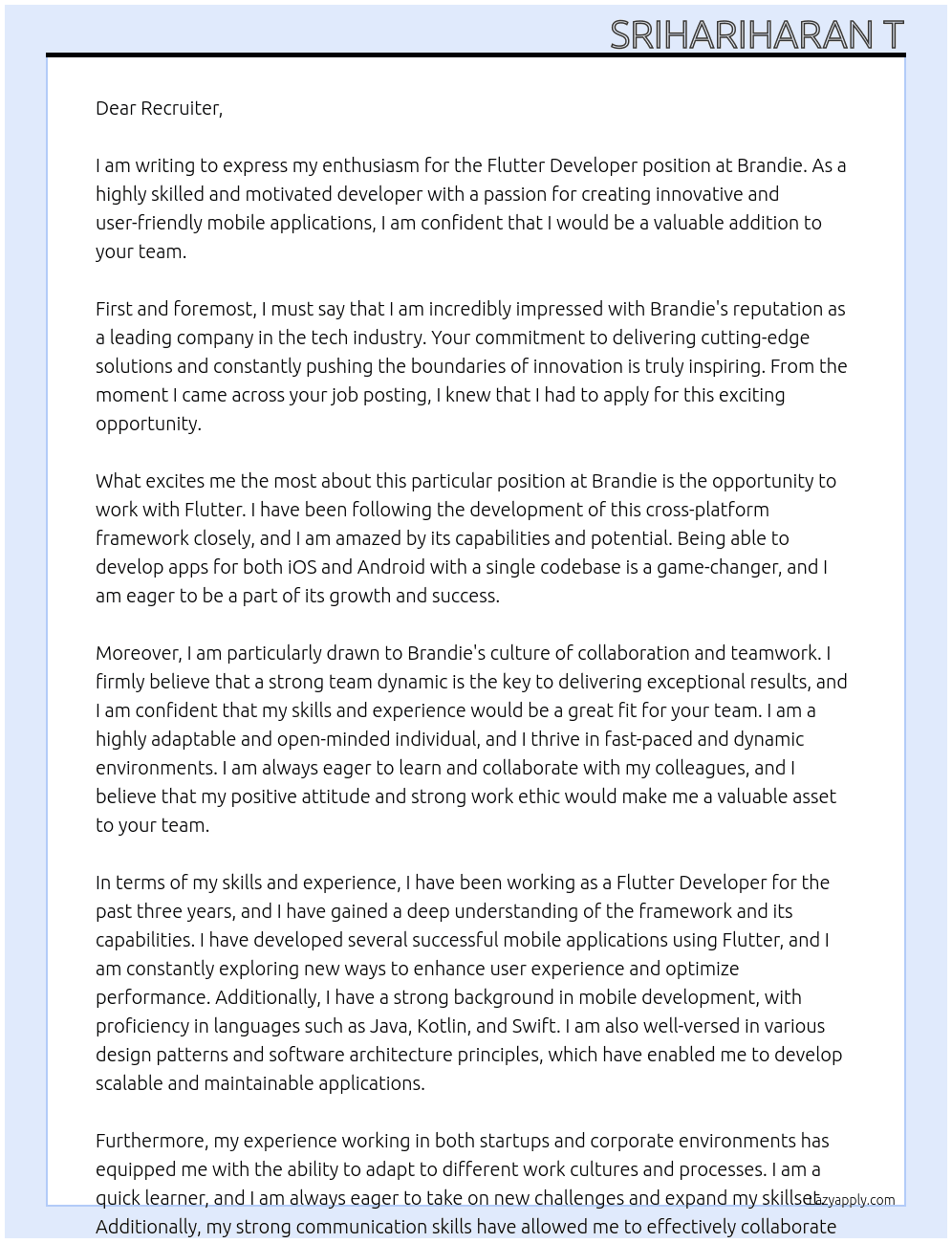 Flutter Developer At Brandie Cover Letter