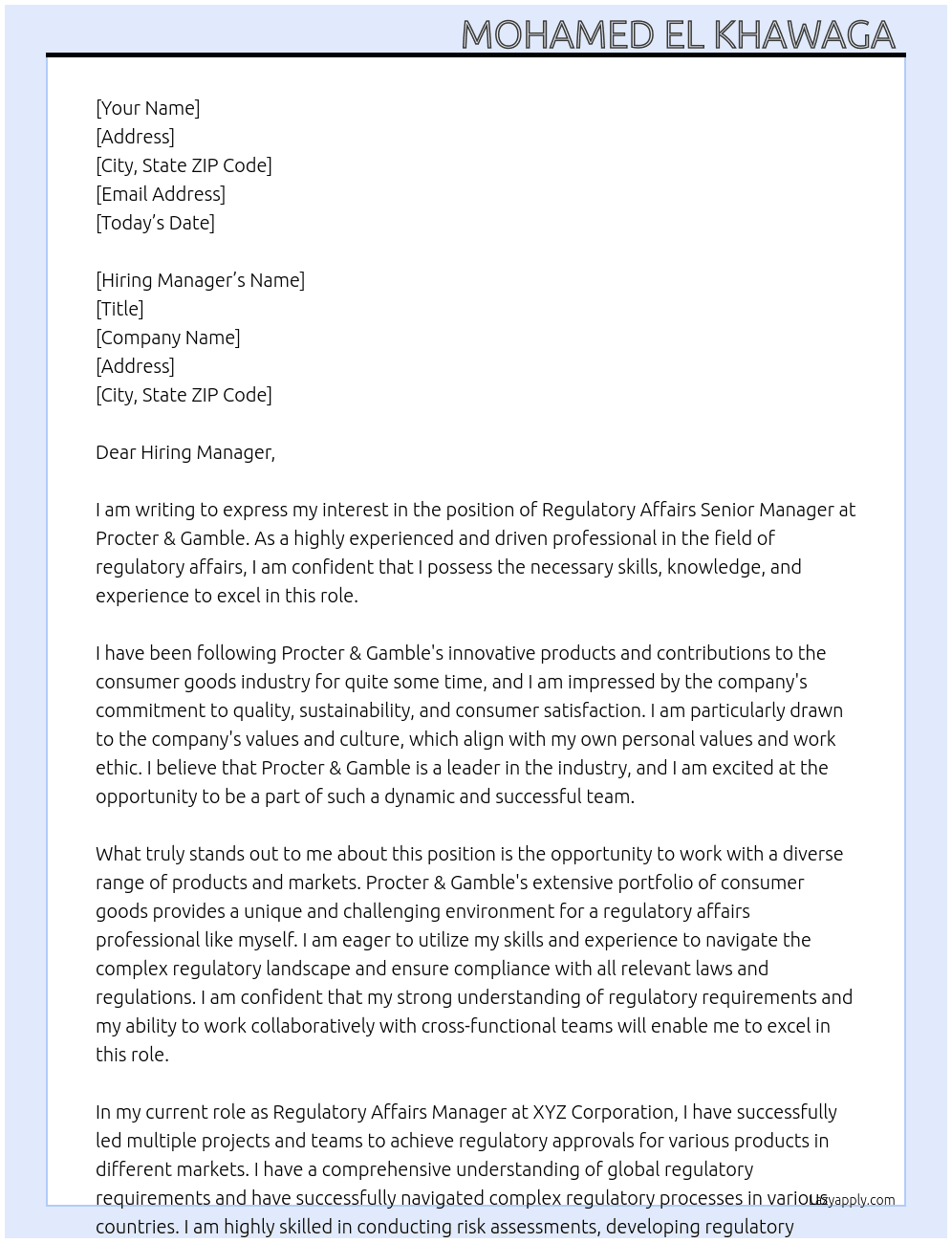 Regulatory Affairs Senior Manager  At Procter & Gamble  Cover Letter