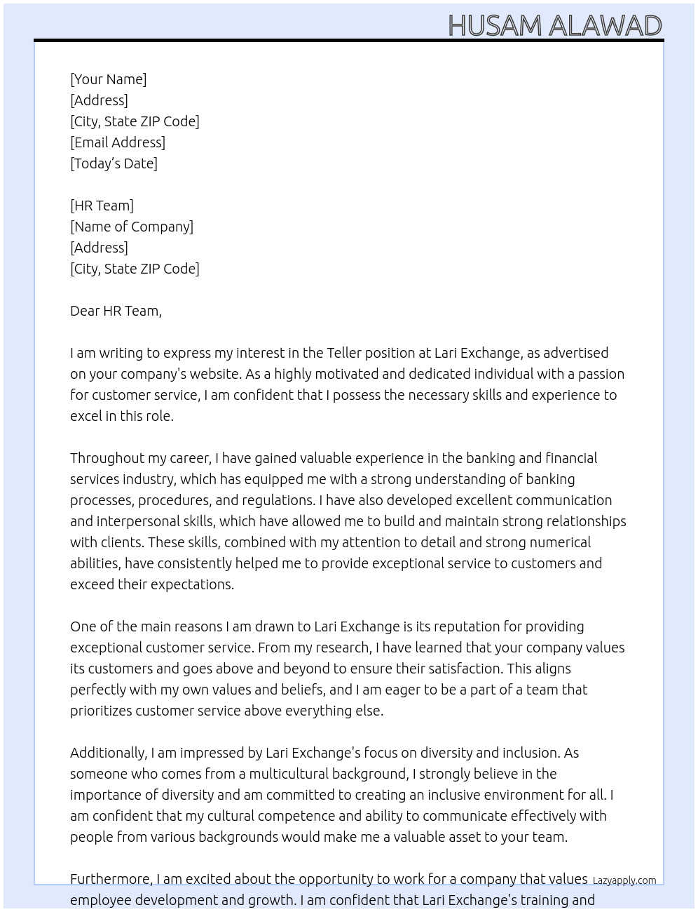Teller At Lari Exchange  Cover Letter