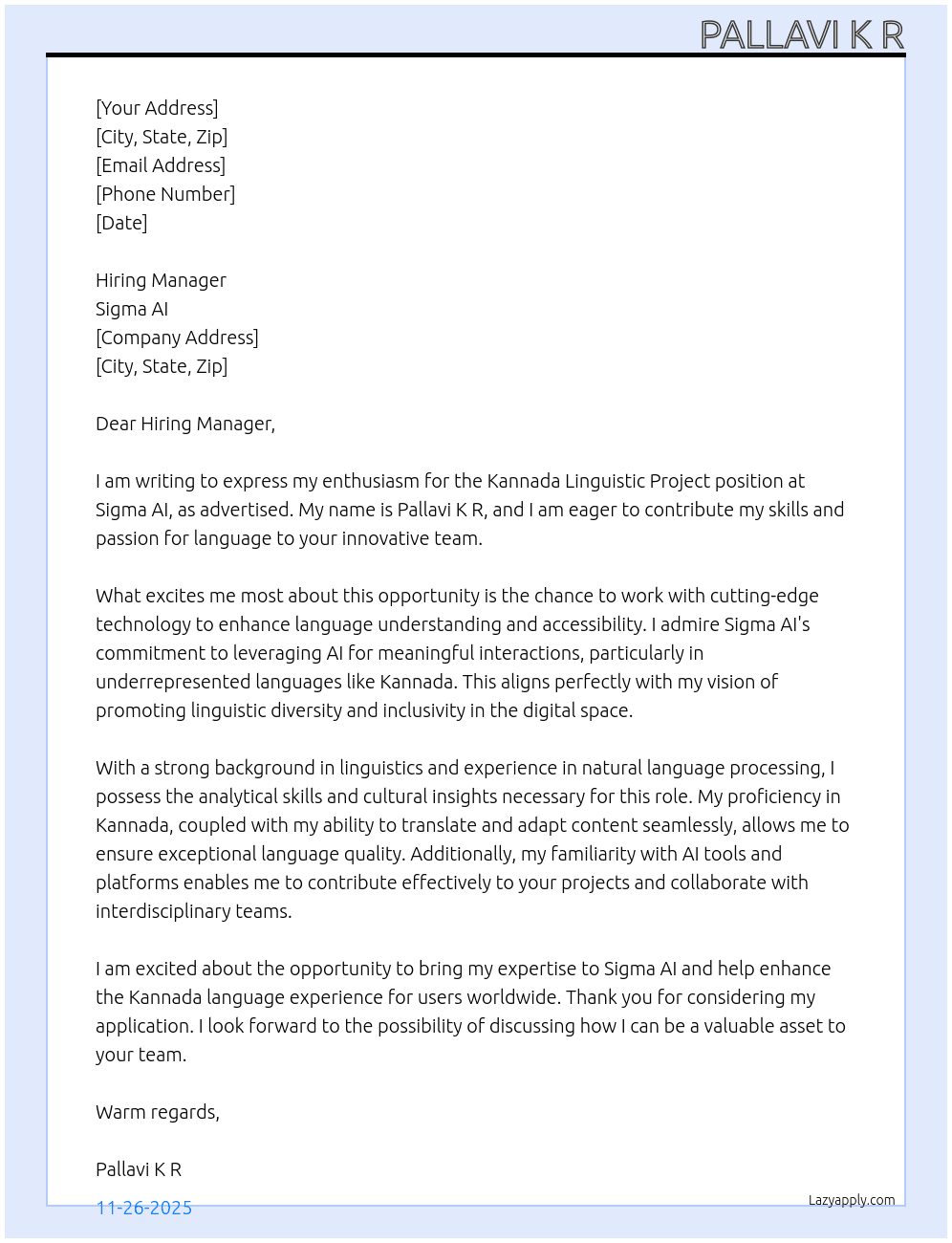 Kannada linguistic Project At Sigma AI Cover Letter
