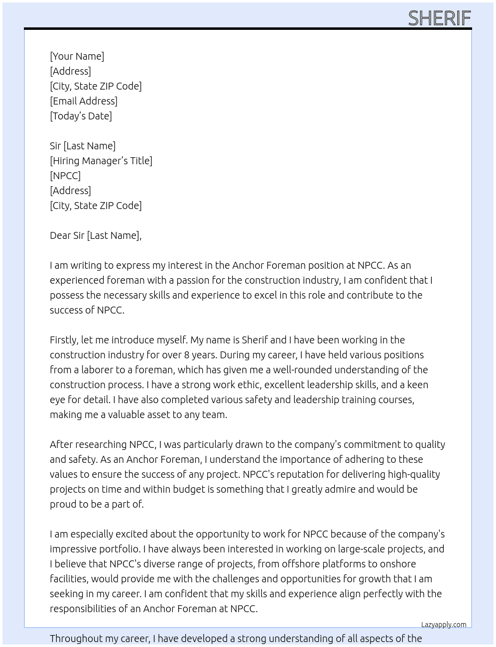 Anchor foreman  At Npcc Cover Letter