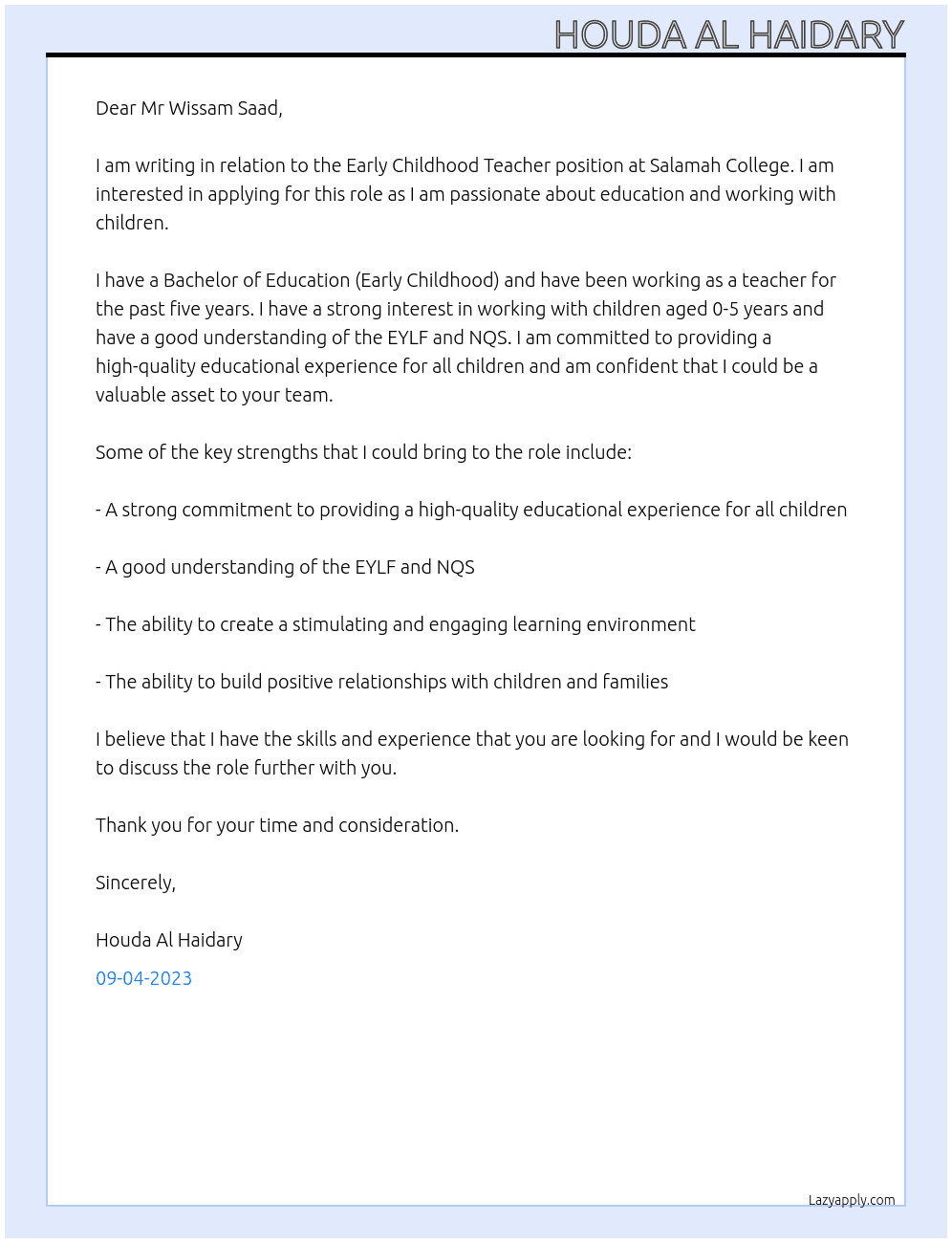 Early Childhood Teacher  At Salamah College Cover Letter
