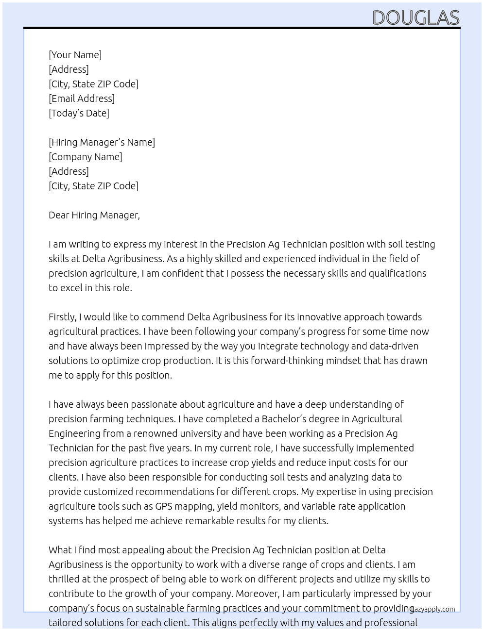 Precision Ag Technician with soil testing skills At Delta Agribusiness Cover Letter