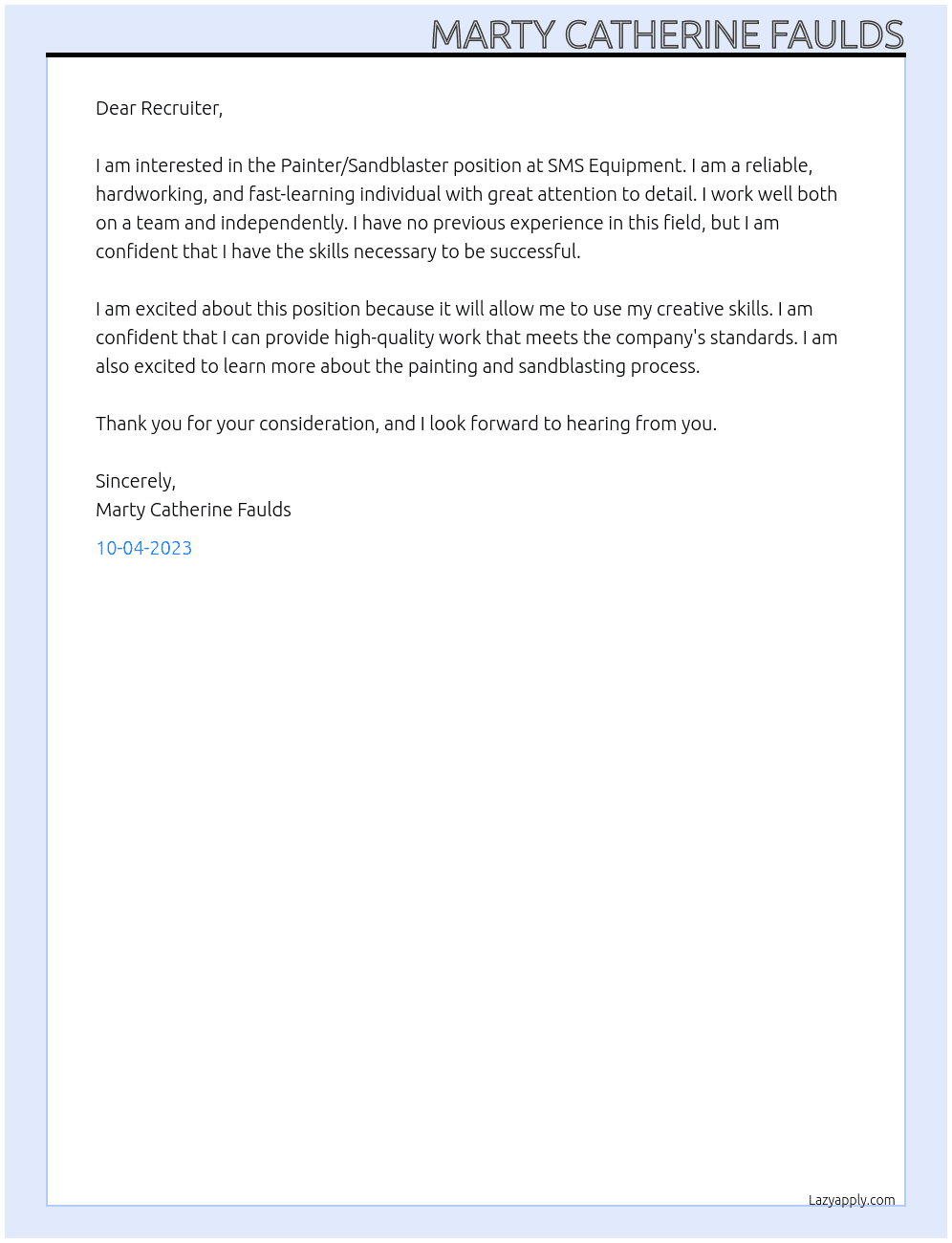 Painter/ Sandblaster At SMS Equipment Cover Letter