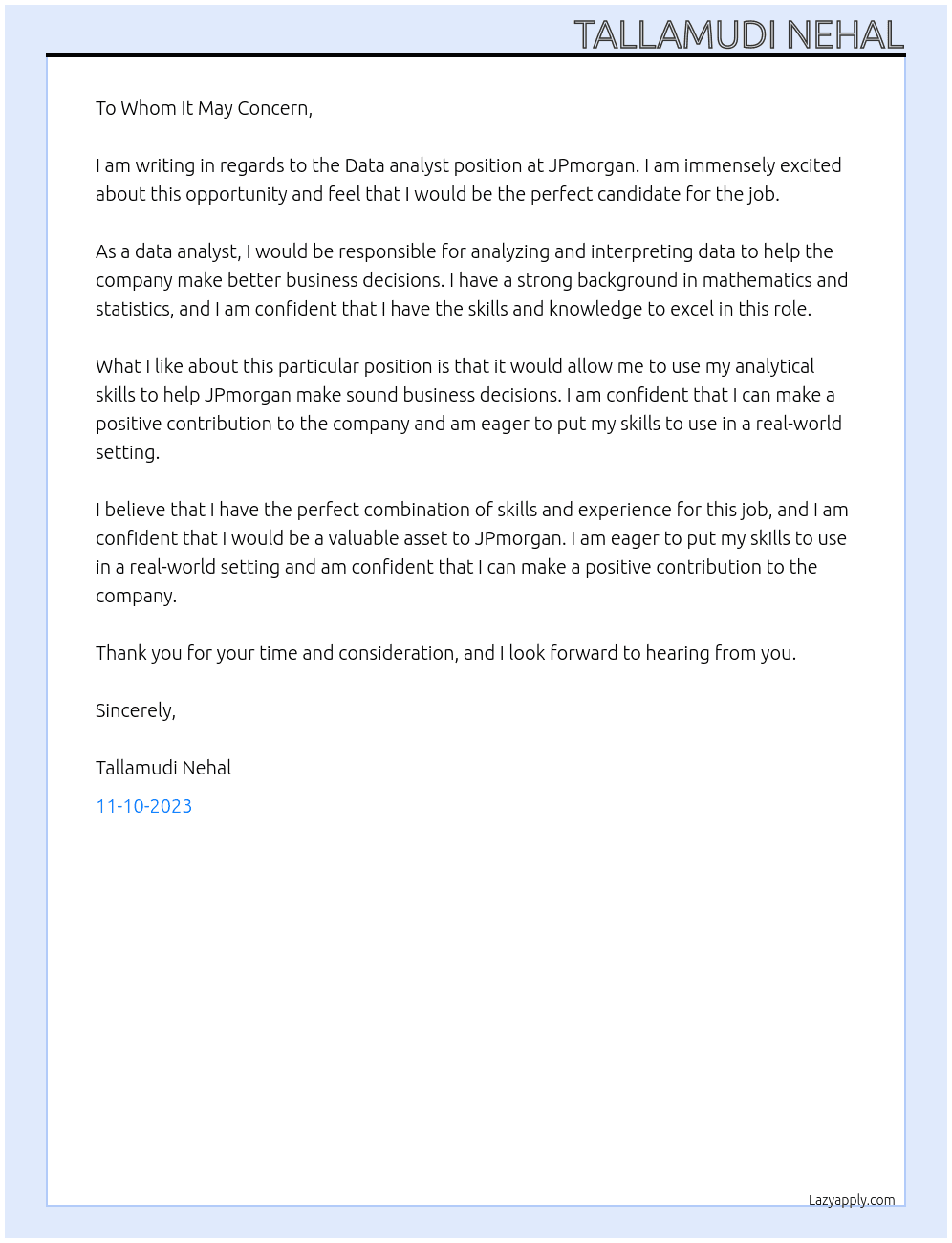 Data analyst At JPmorgan Cover Letter