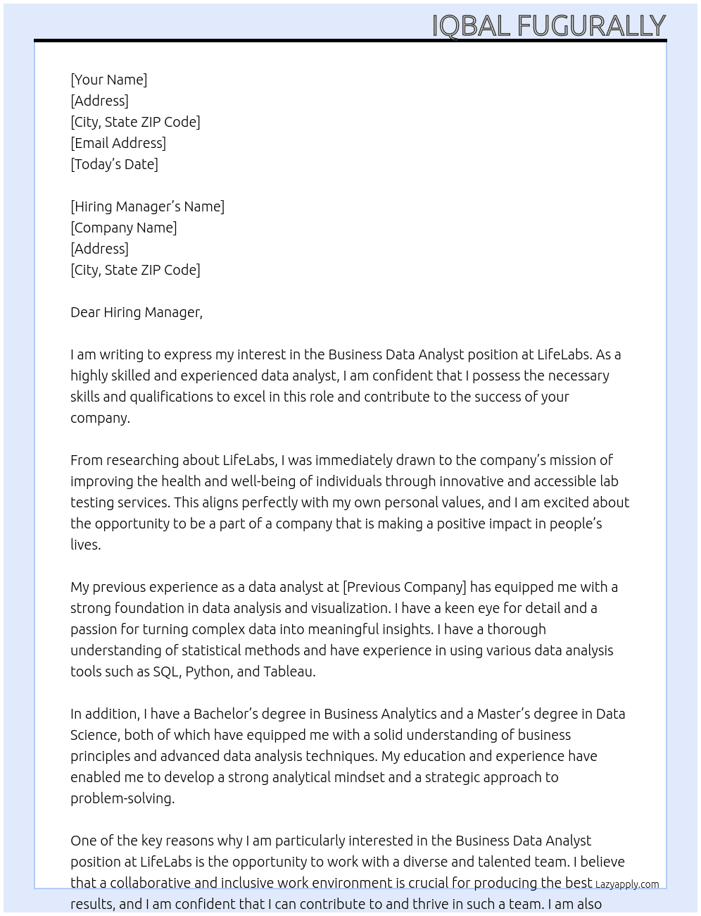 Business Data Analyst At LifeLabs Cover Letter