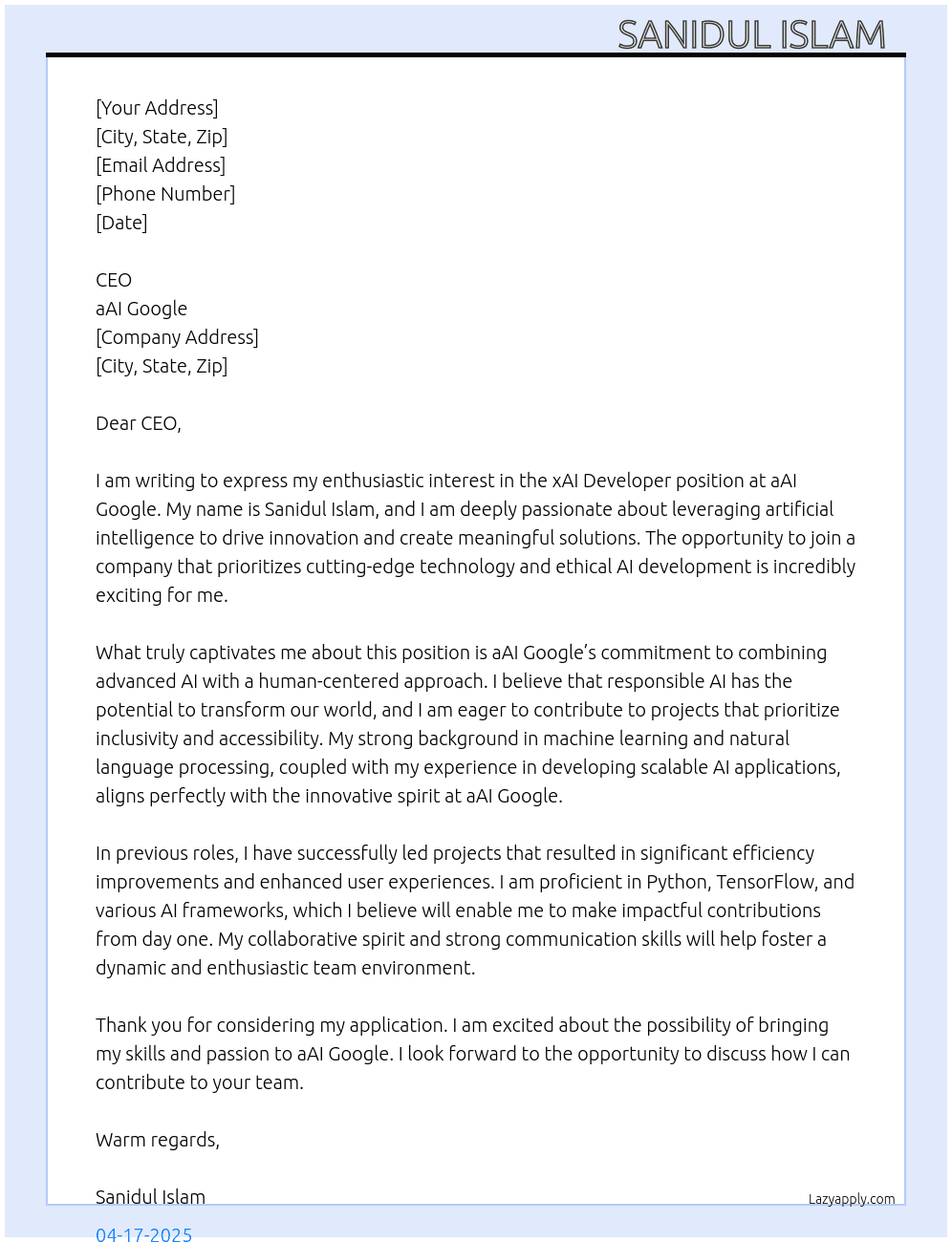 xAI Developer At aAI google Cover Letter