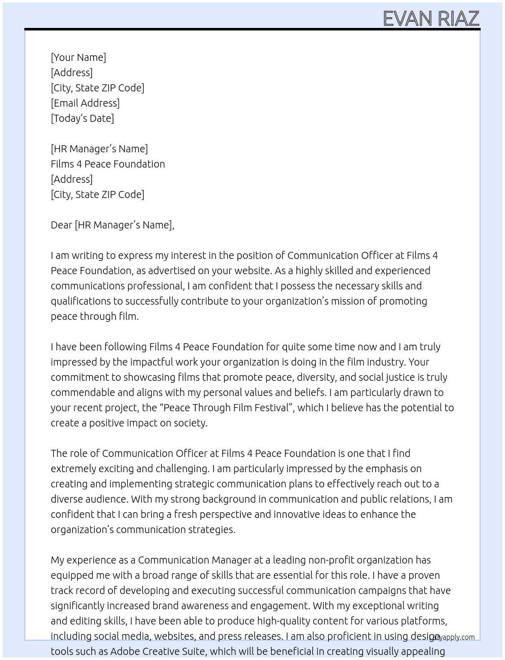 Communication Officer At Films 4 Peace Foundation Cover Letter