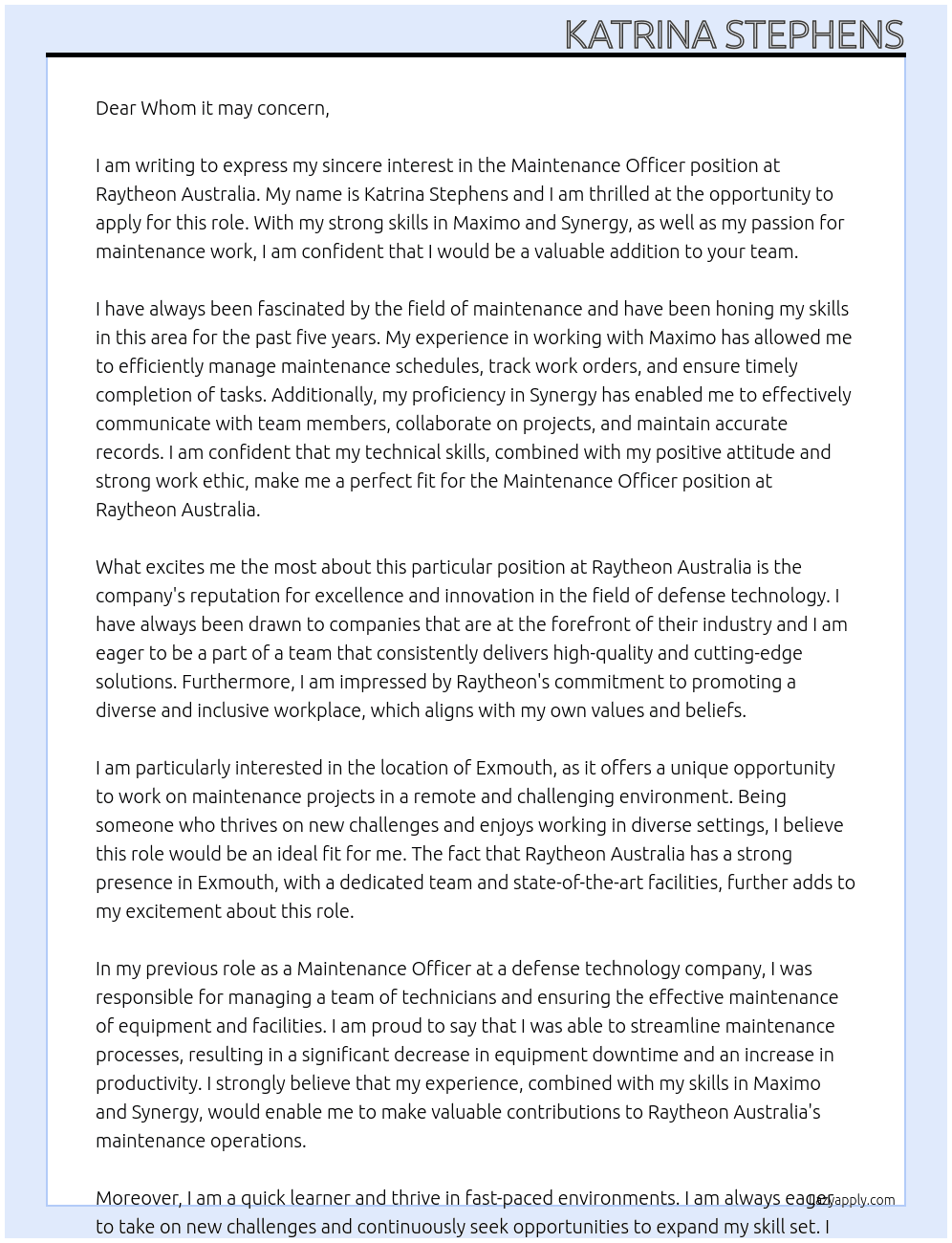 Maintenance officer At Raytheon Australia Cover Letter
