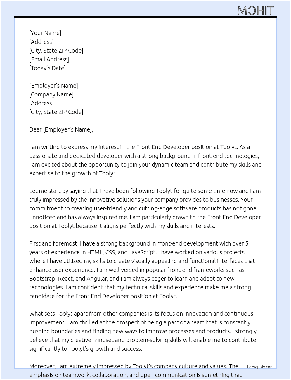 Front end developer  At Toolyt Cover Letter