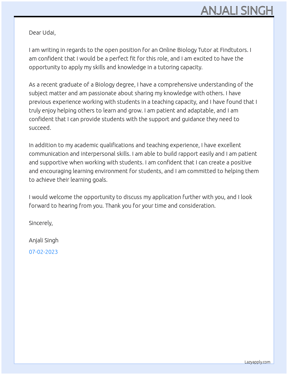 Online Biology Tutor At Findtutors Cover Letter