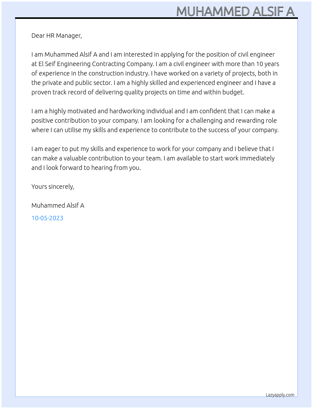 CIVIL ENGINEER  At El Seif Engineering Contracting Company  Cover Letter