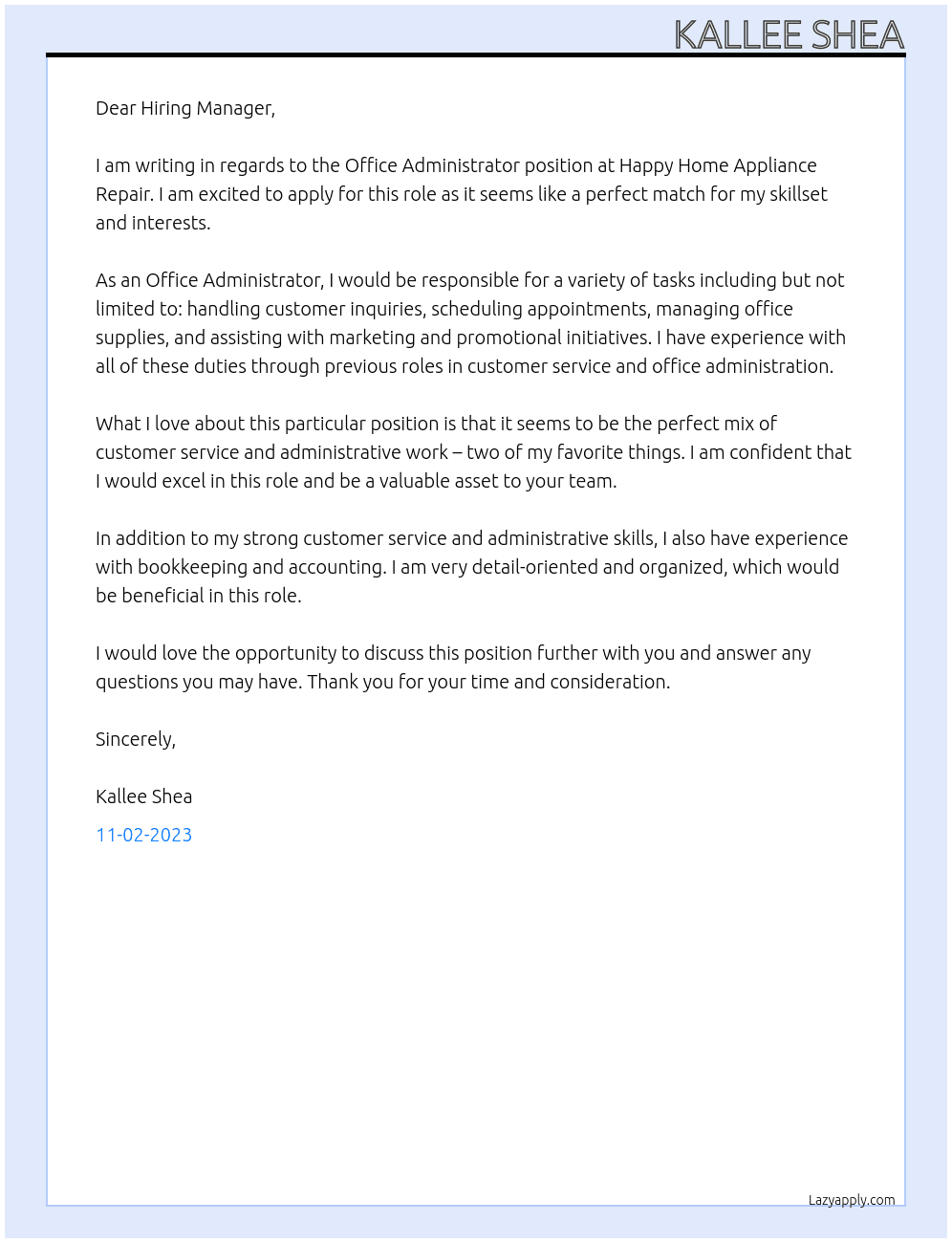 Office Administrator At Happy Home Appliance Repair Cover Letter
