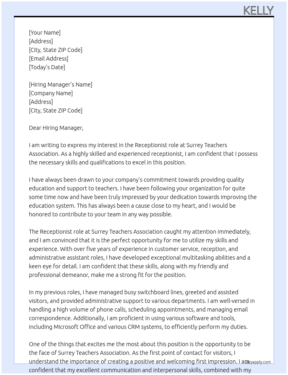 Reception  At Surrey teachers Association  Cover Letter