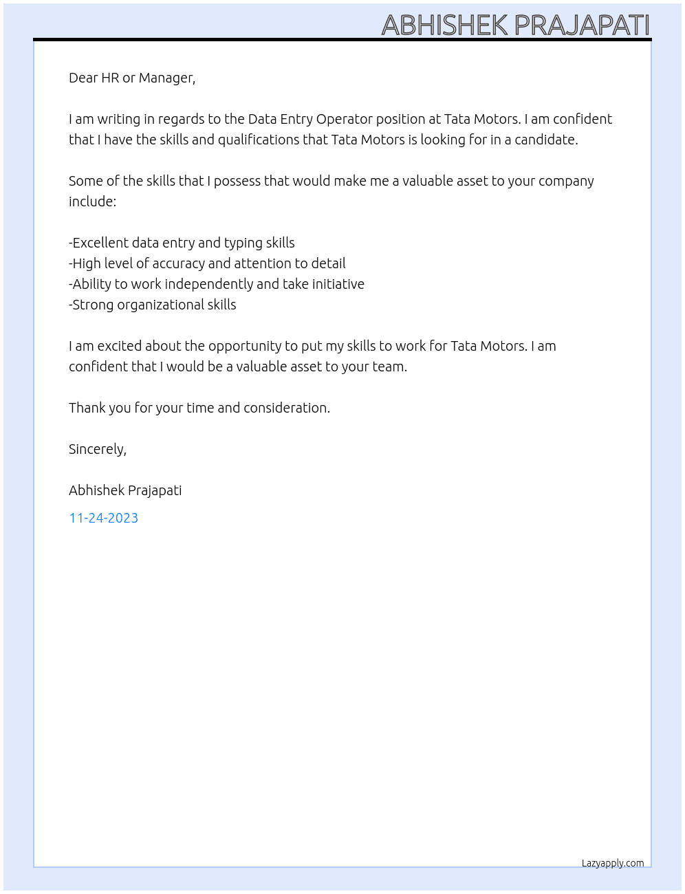 DATA ENTRY OPERATOR At TATA MOTORS Cover Letter