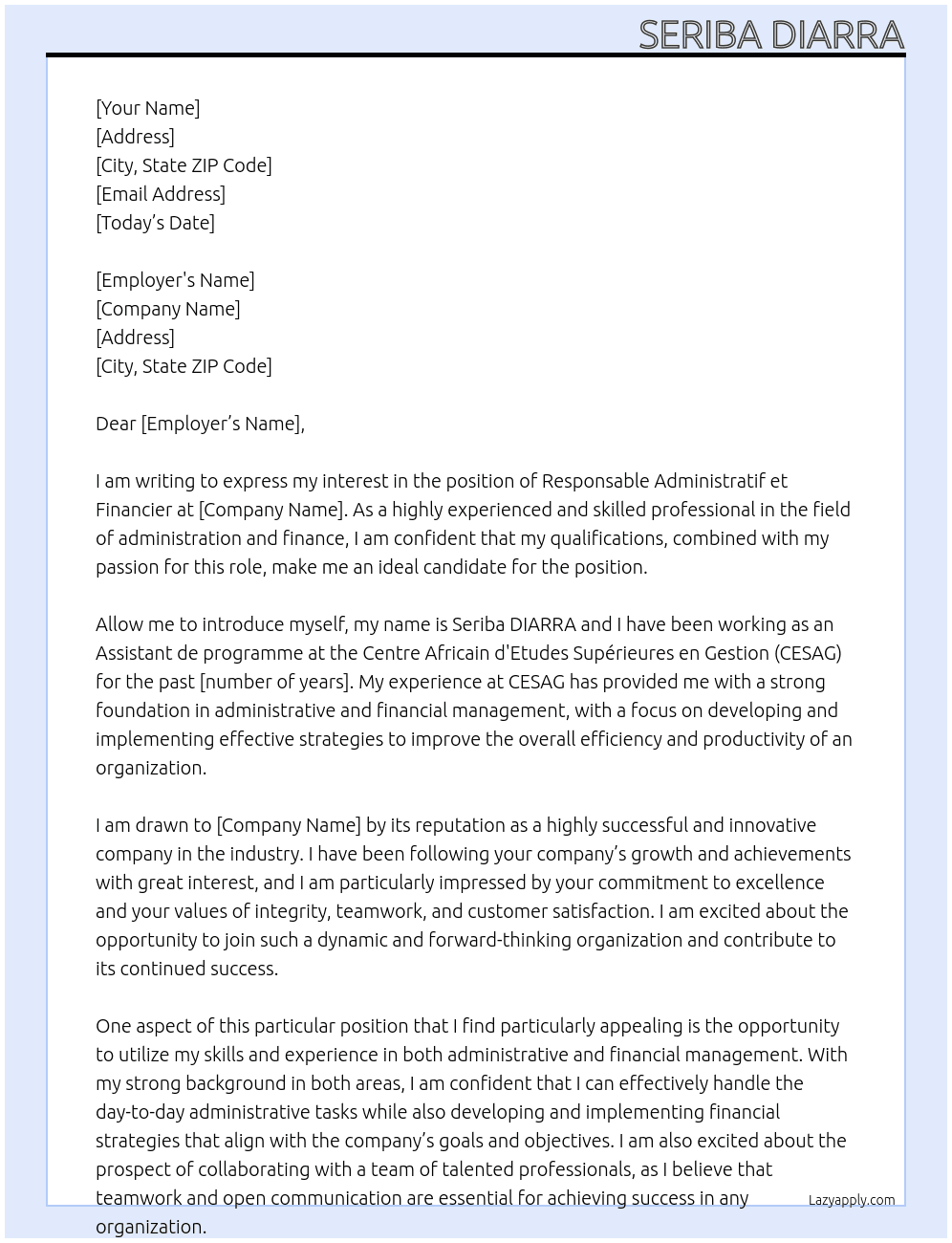 Responsable Administratif et Financier At Seriba DIARRA Cover Letter