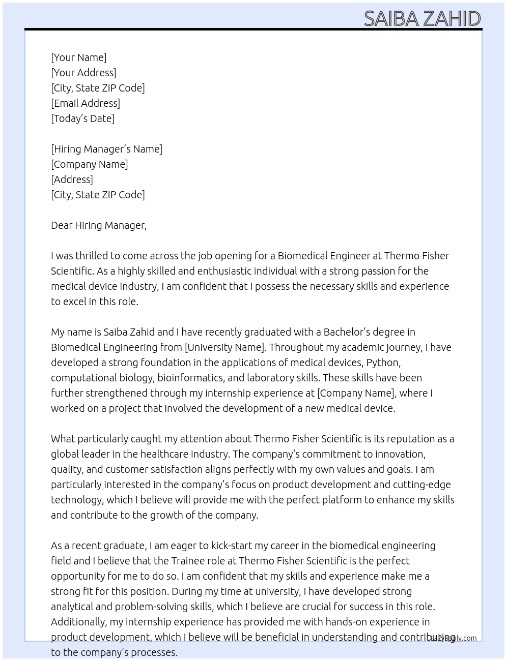 Biomedical engineer At Thermo Fisher Scientific Cover Letter