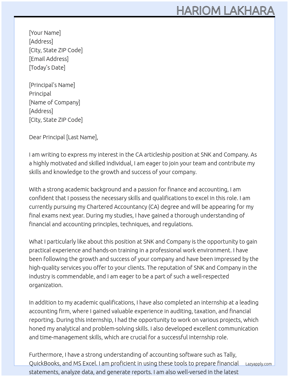 Ca articleship At SNK and company  Cover Letter