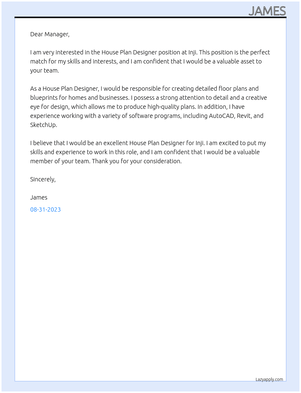 House Plan designer At Inji Cover Letter