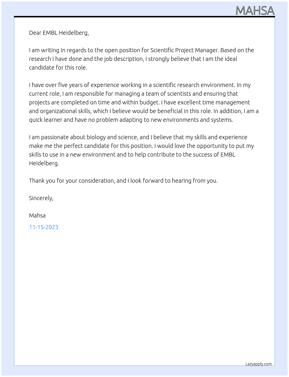 Scientific Project Manager At EMBL Heidelberg Cover Letter