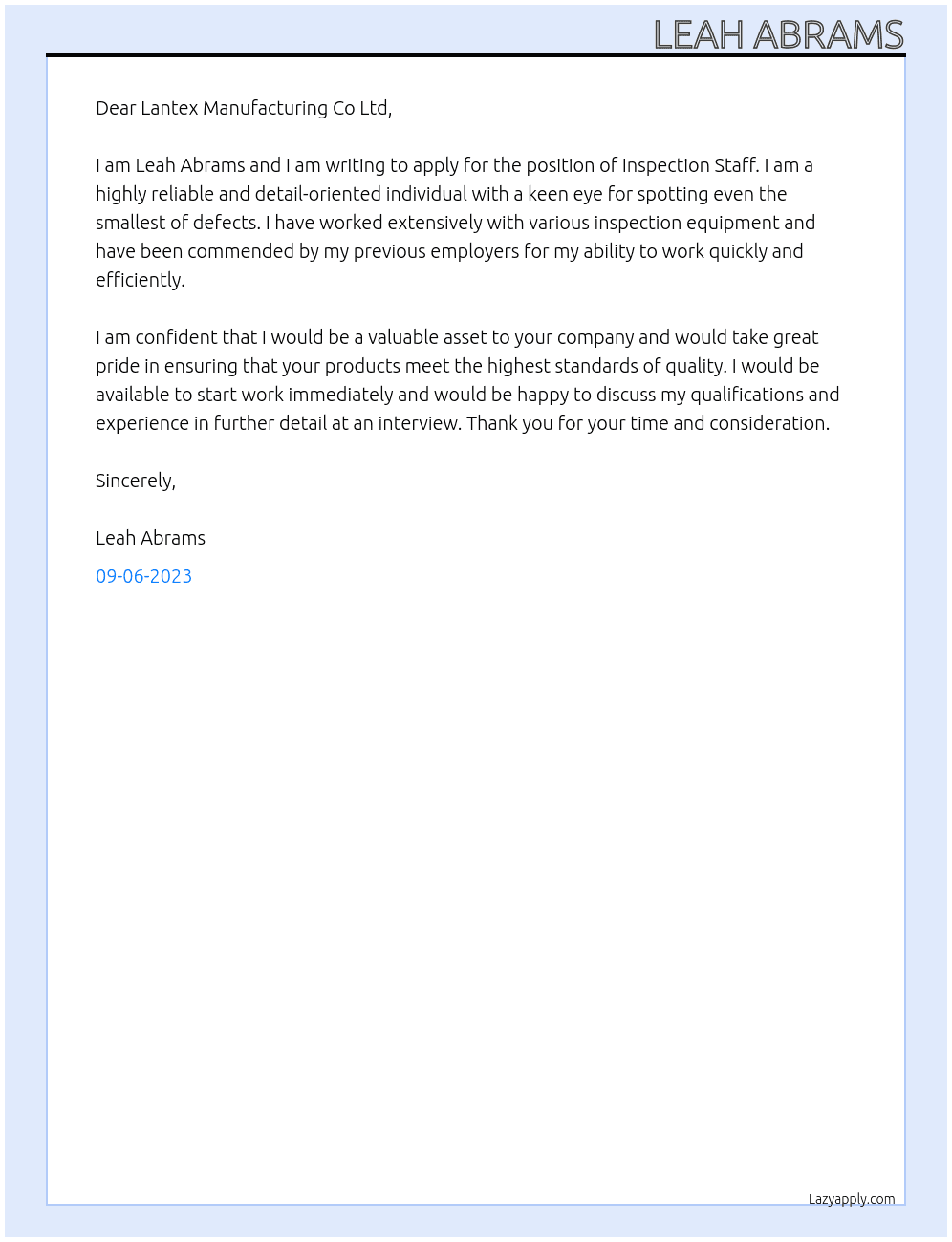 Inspection Staff At Lantex Manufacturing Co Ltd Cover Letter
