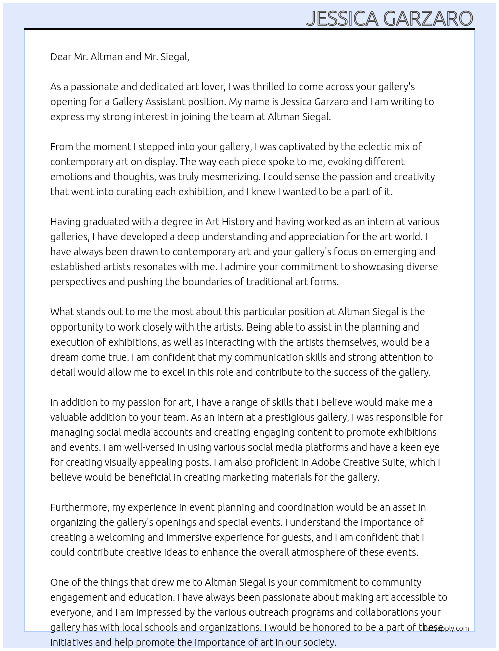 Gallery Assistant At Altman Siegal Cover Letter